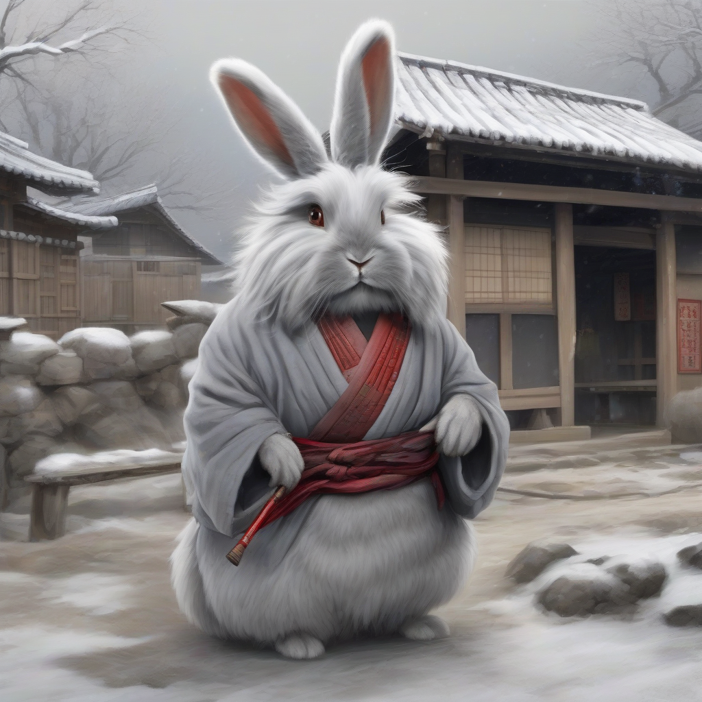 gray angora rabbit with drooping ears in a christmas village as a samurai by मुफ्त एआई छवि जनरेटर - बिना लॉगिन के✨ | AIGAZOU