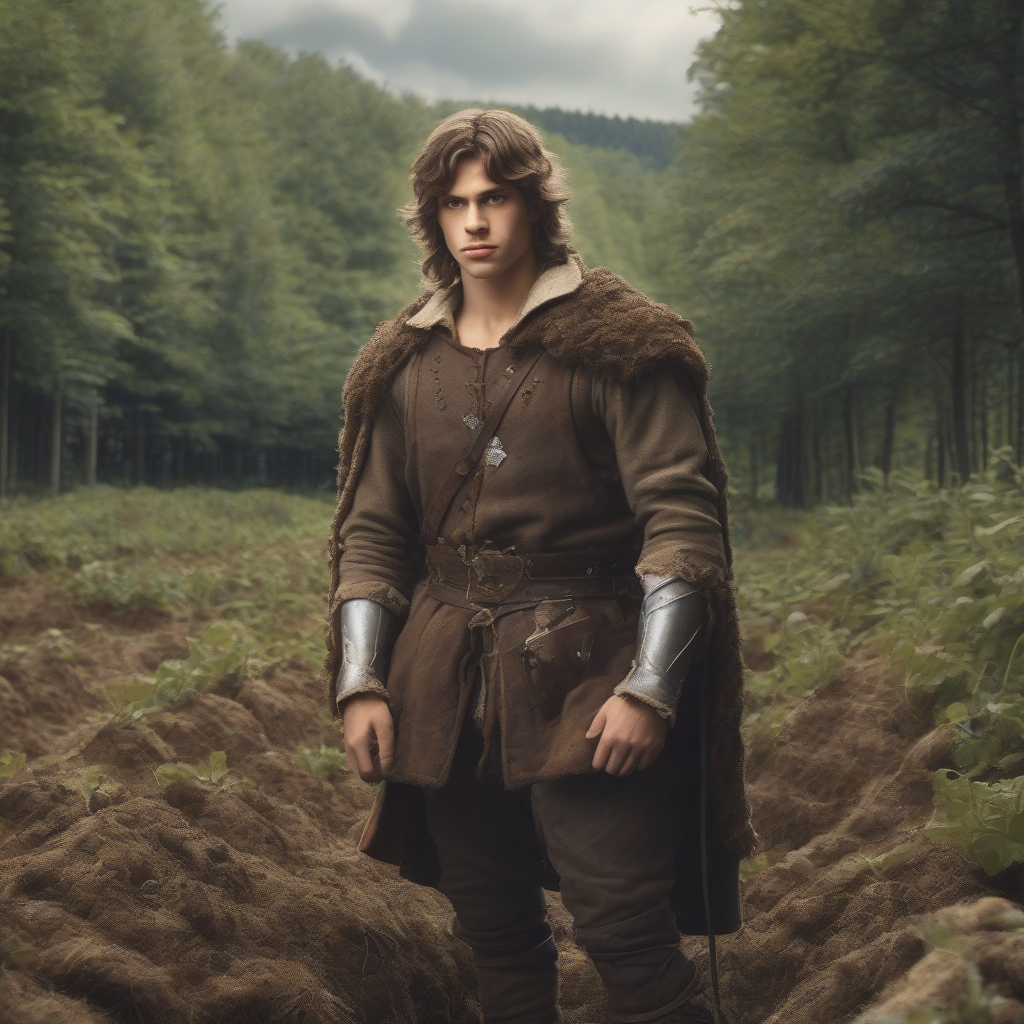 young muscular man with messy brown hair in medieval clothing on a small potato field by the forest by मुफ्त एआई छवि जनरेटर - बिना लॉगिन के✨ | AIGAZOU