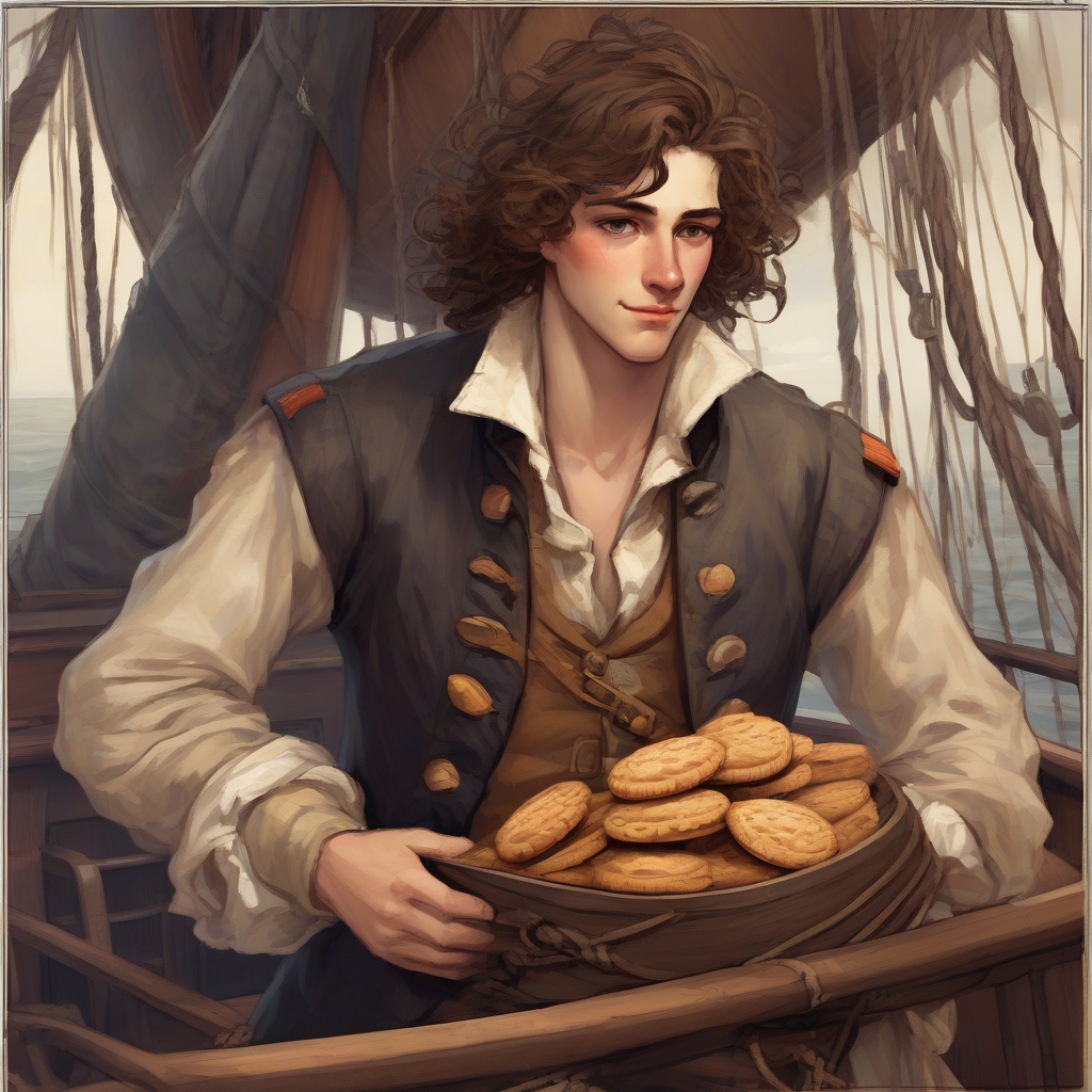 fat young man in noble colorful clothing with curly brown hair and sickly appearance aboard an old sailing ship holding by Générateur d'images par IA gratuit - Aucune connexion nécessaire✨ | AIGAZOU