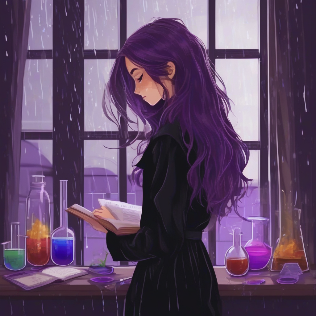 inspirational brown long hair beautiful woman black clothes studying chemistry in front of window rainy day purple by Générateur d'images par IA gratuit - Aucune connexion nécessaire✨ | AIGAZOU