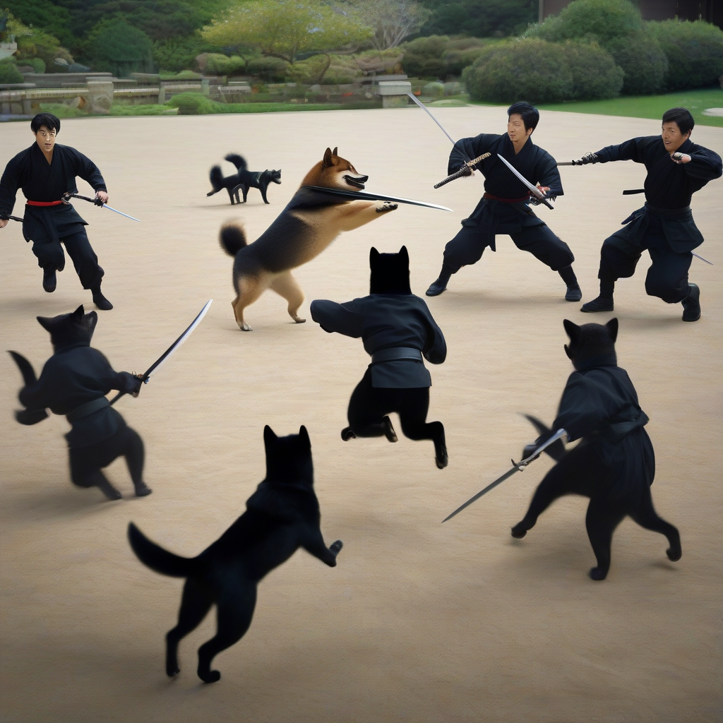 realistic photograph black shiba inu fighting ninjas with sword in mouth by मुफ्त एआई छवि जनरेटर - बिना लॉगिन के✨ | AIGAZOU