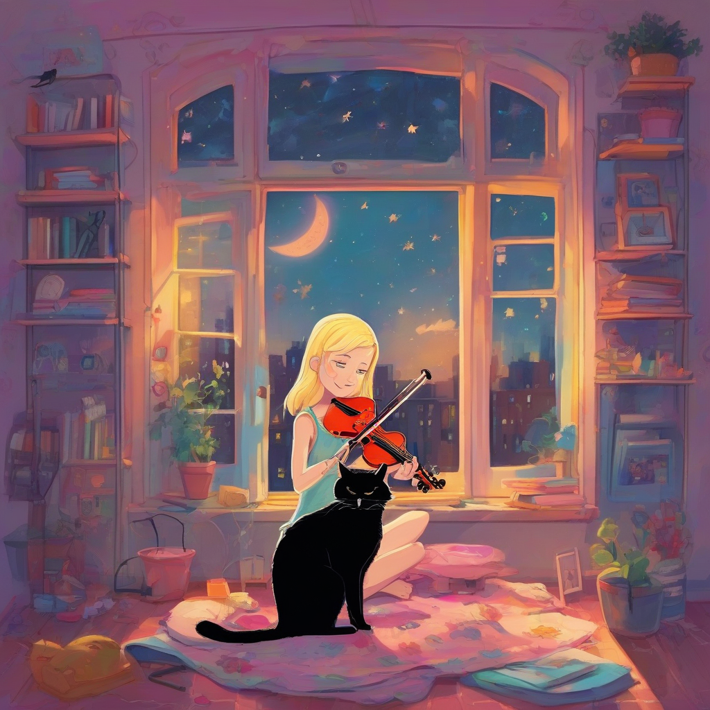 a blonde girl playing violin in her colorful room by मुफ्त एआई छवि जनरेटर - बिना लॉगिन के✨ | AIGAZOU