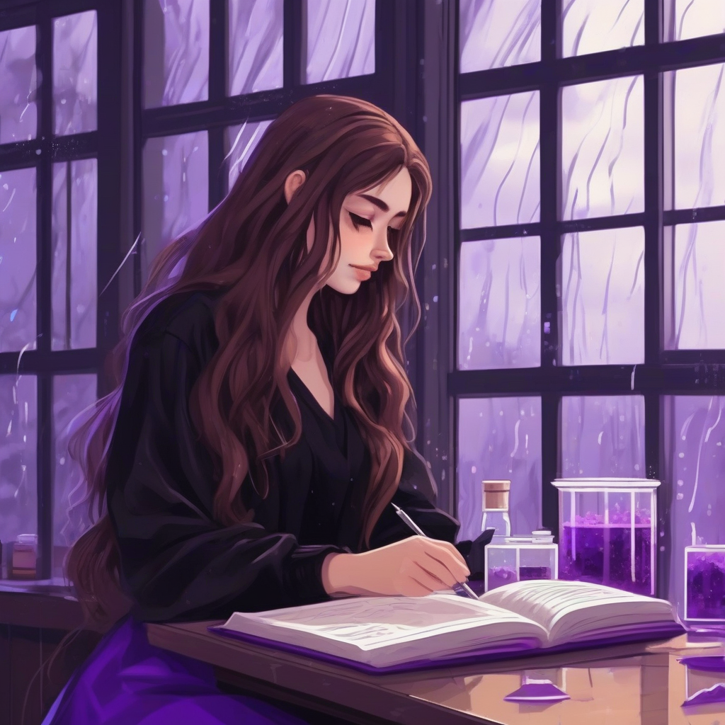 aesthetic brown long hair beautiful woman black clothes studying chemistry in front of window rainy day purple by मुफ्त एआई छवि जनरेटर - बिना लॉगिन के✨ | AIGAZOU