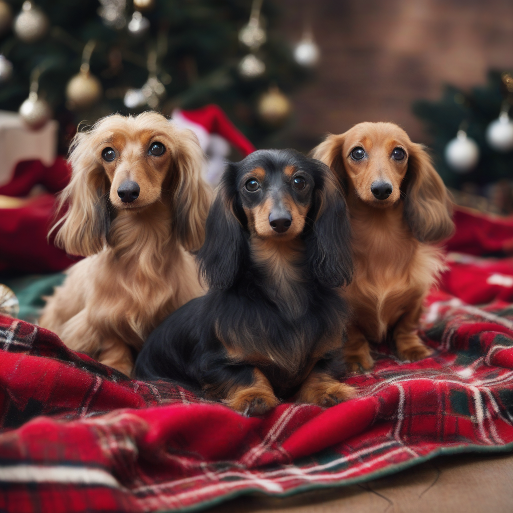 three rough haired dachshunds on christmas blanket by मुफ्त एआई छवि जनरेटर - बिना लॉगिन के✨ | AIGAZOU