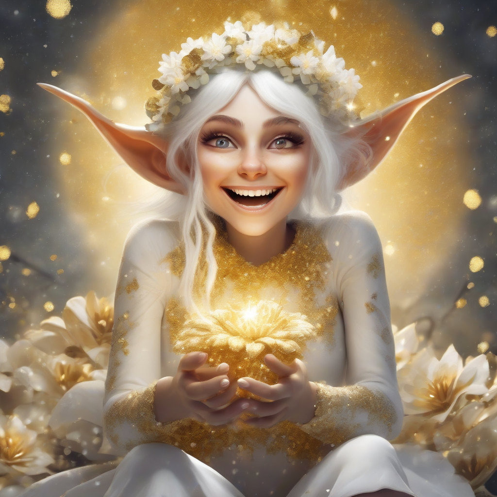 happy laughing elf with open eyes spells with golden glitter by Générateur d'images par IA gratuit - Aucune connexion nécessaire✨ | AIGAZOU