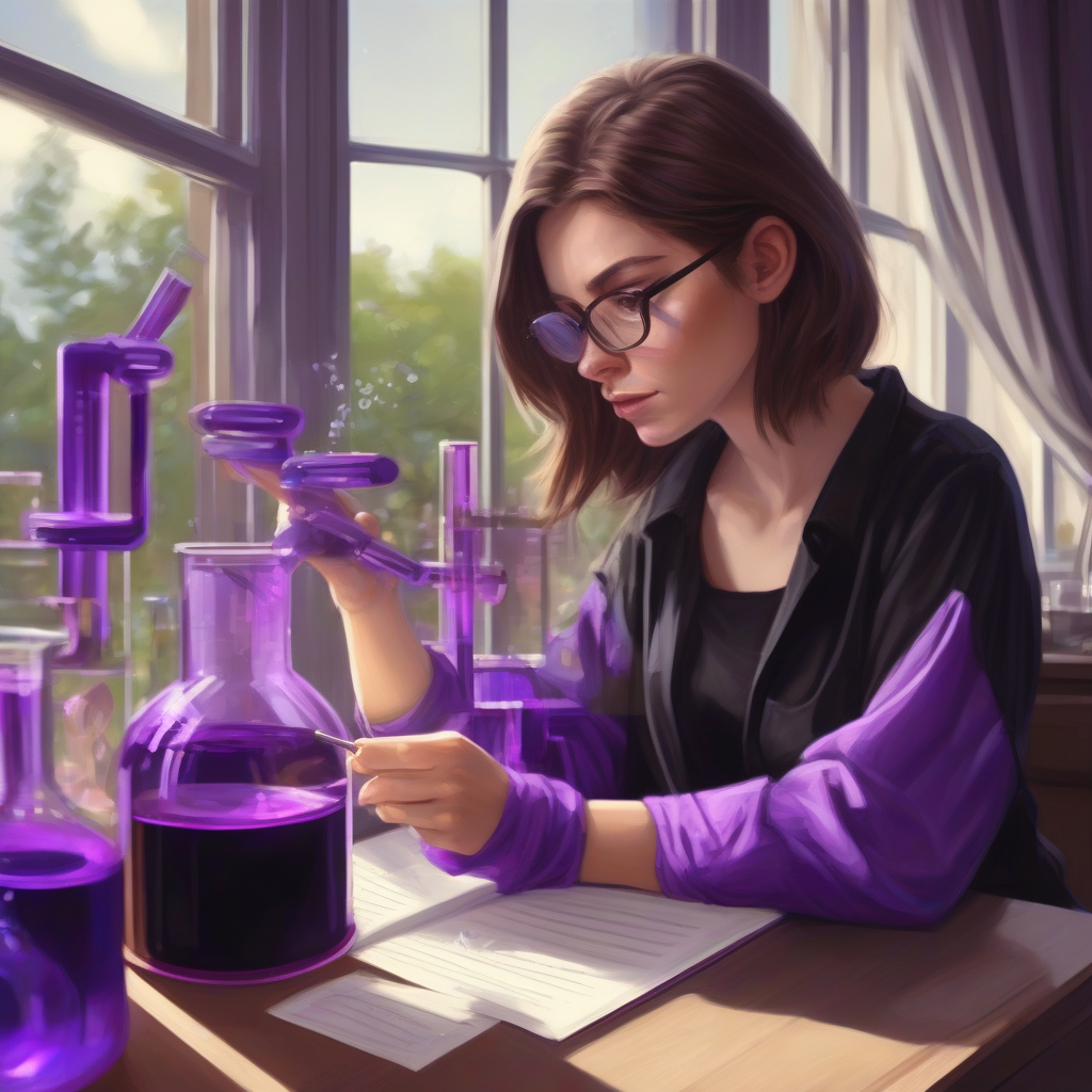 brown haired woman black clothes studying chemistry window purple by Générateur d'images par IA gratuit - Aucune connexion nécessaire✨ | AIGAZOU