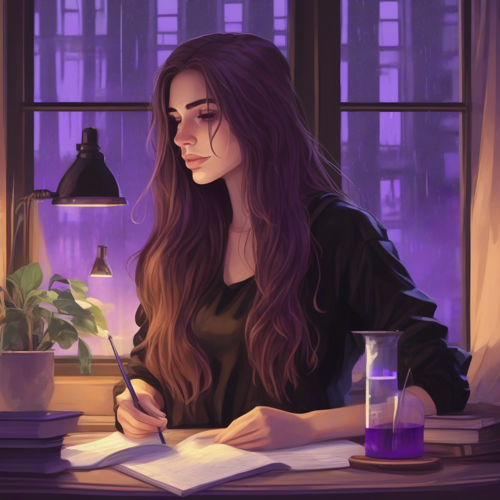 inspirational brown long hair beautiful woman black clothes studying chemistry in front of window rainy day purple by Générateur d'images par IA gratuit - Aucune connexion nécessaire✨ | AIGAZOU