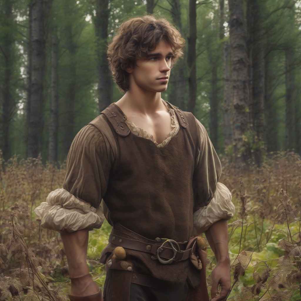 young muscular man with messy brown hair in medieval clothes on a small potato field by the forest by मुफ्त एआई छवि जनरेटर - बिना लॉगिन के✨ | AIGAZOU