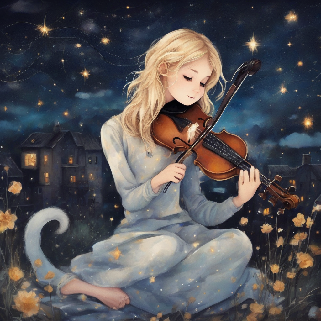 a blonde girl playing violin for a cat under starry sky by मुफ्त एआई छवि जनरेटर - बिना लॉगिन के✨ | AIGAZOU