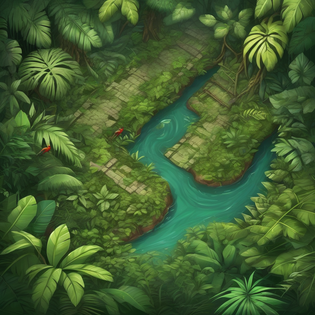 realistic jungle from above with river board game like path crosses jungle and river ending at secret door bird perspective by मुफ्त एआई छवि जनरेटर - बिना लॉगिन के✨ | AIGAZOU