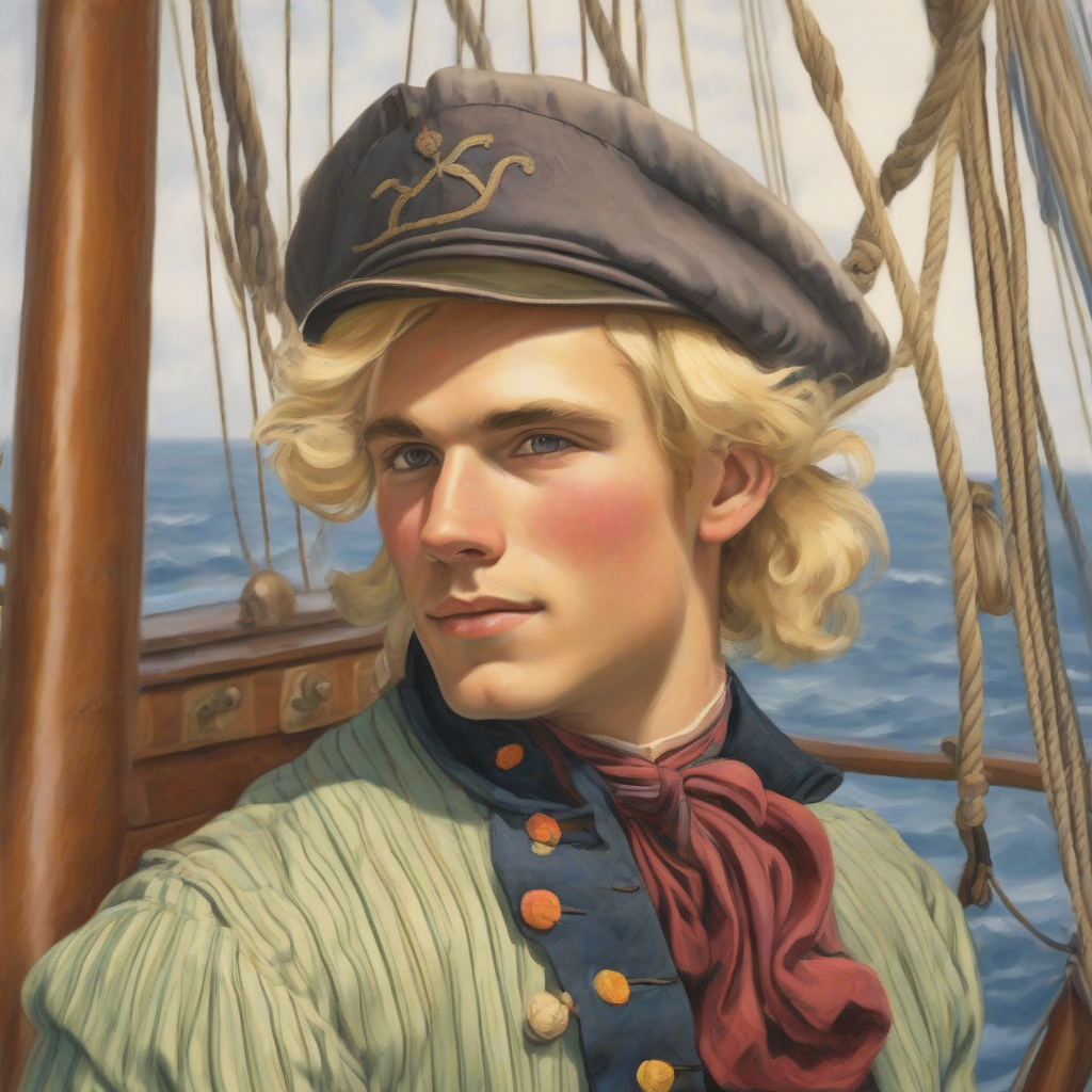 young man with blonde hair and vintage clothing on an old sailboat by मुफ्त एआई छवि जनरेटर - बिना लॉगिन के✨ | AIGAZOU