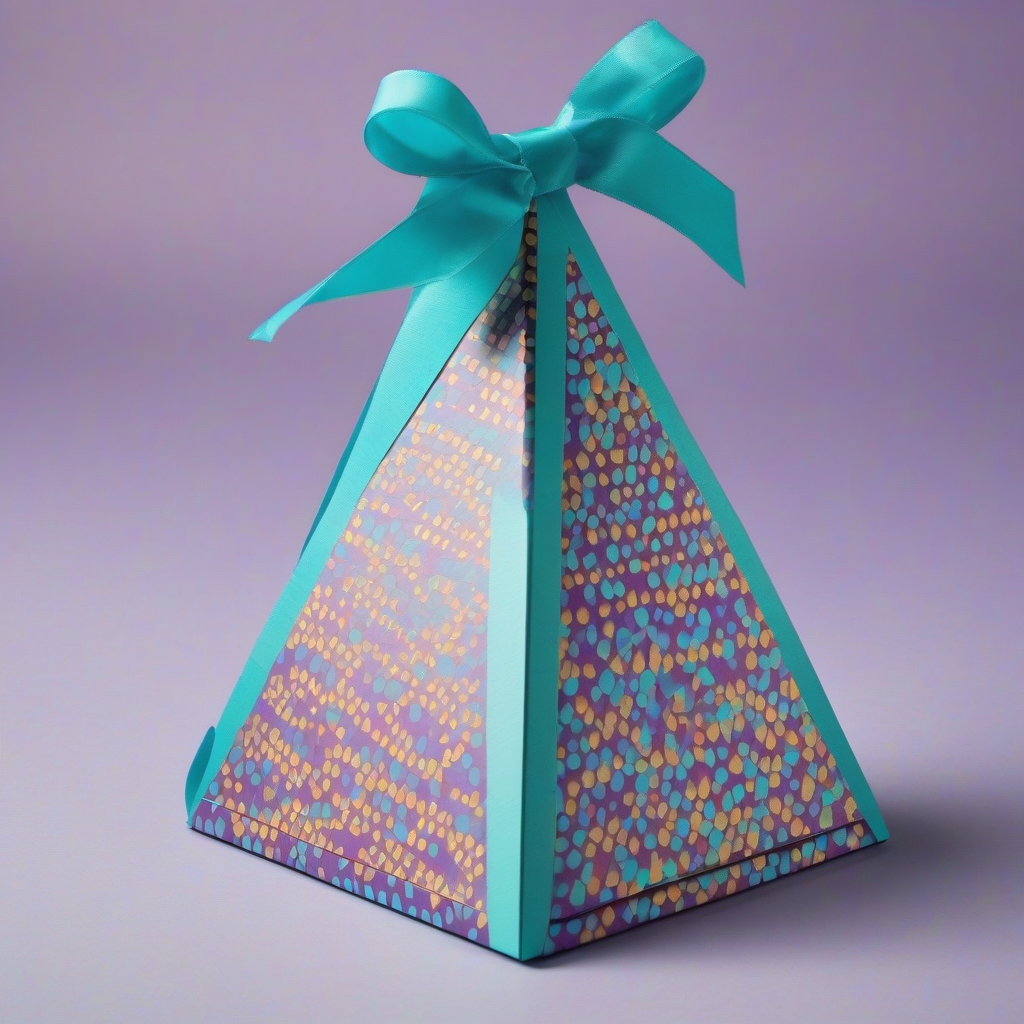 pyramid shaped snack package with ribbon handle and teal purple spots by मुफ्त एआई छवि जनरेटर - बिना लॉगिन के✨ | AIGAZOU