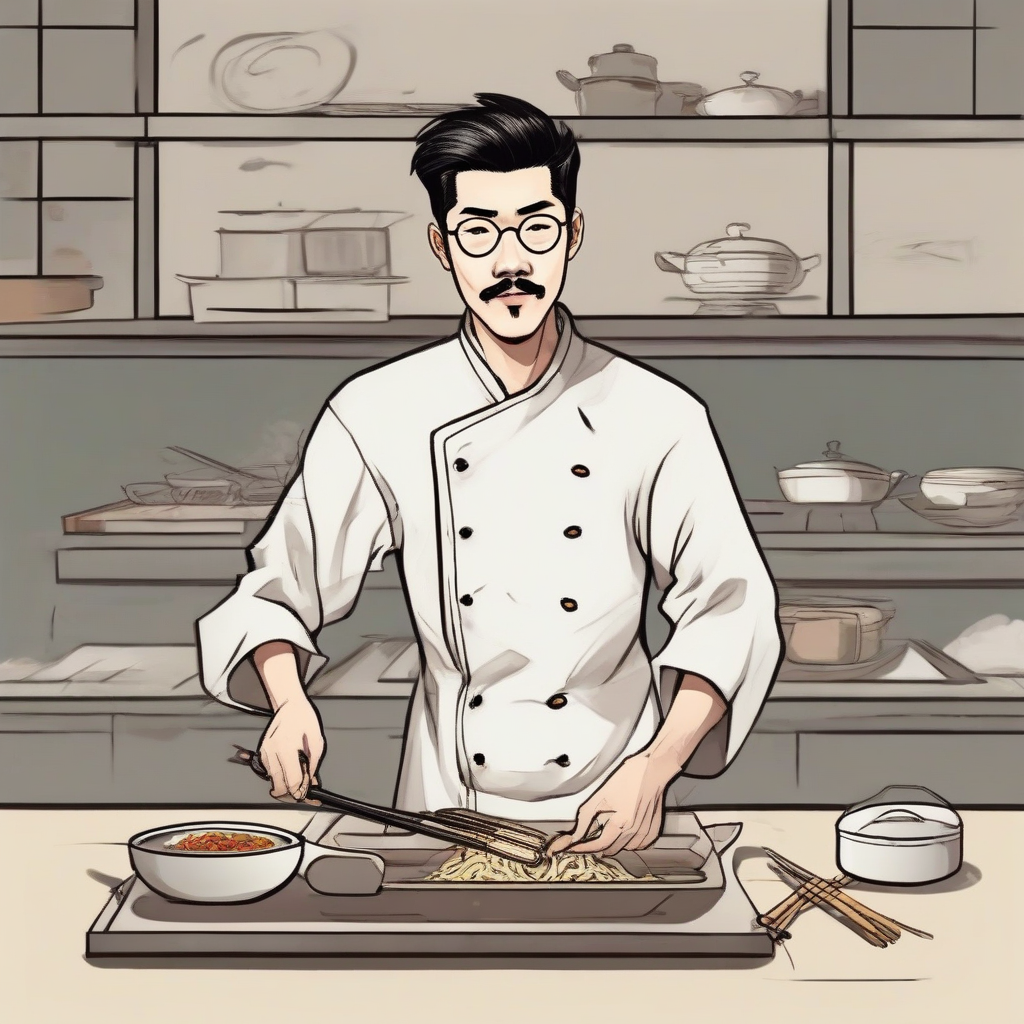 asian man with round glasses and mustache wearing chinese chef uniform by मुफ्त एआई छवि जनरेटर - बिना लॉगिन के✨ | AIGAZOU