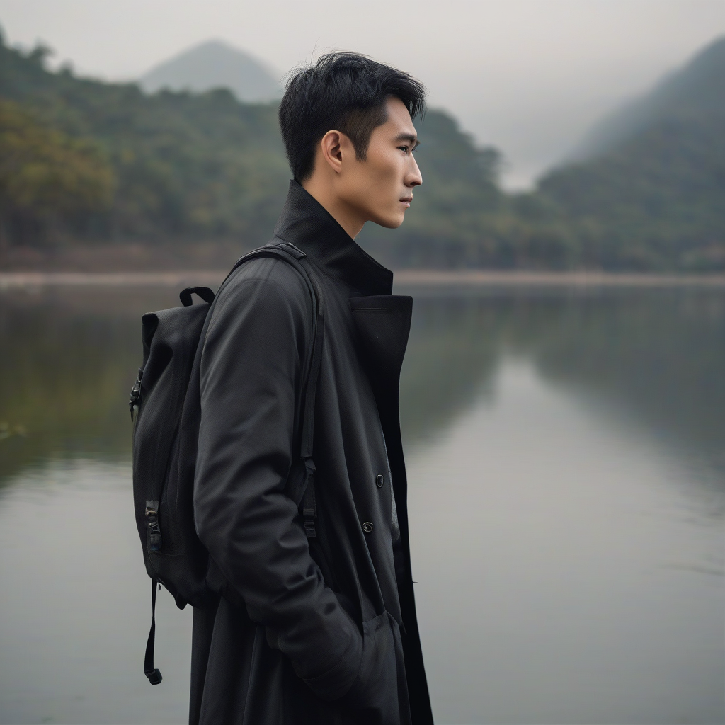 handsome man in his 30s han ethnicity slightly curly short hair standing by sairim lake side profile backpack black trench by मुफ्त एआई छवि जनरेटर - बिना लॉगिन के✨ | AIGAZOU