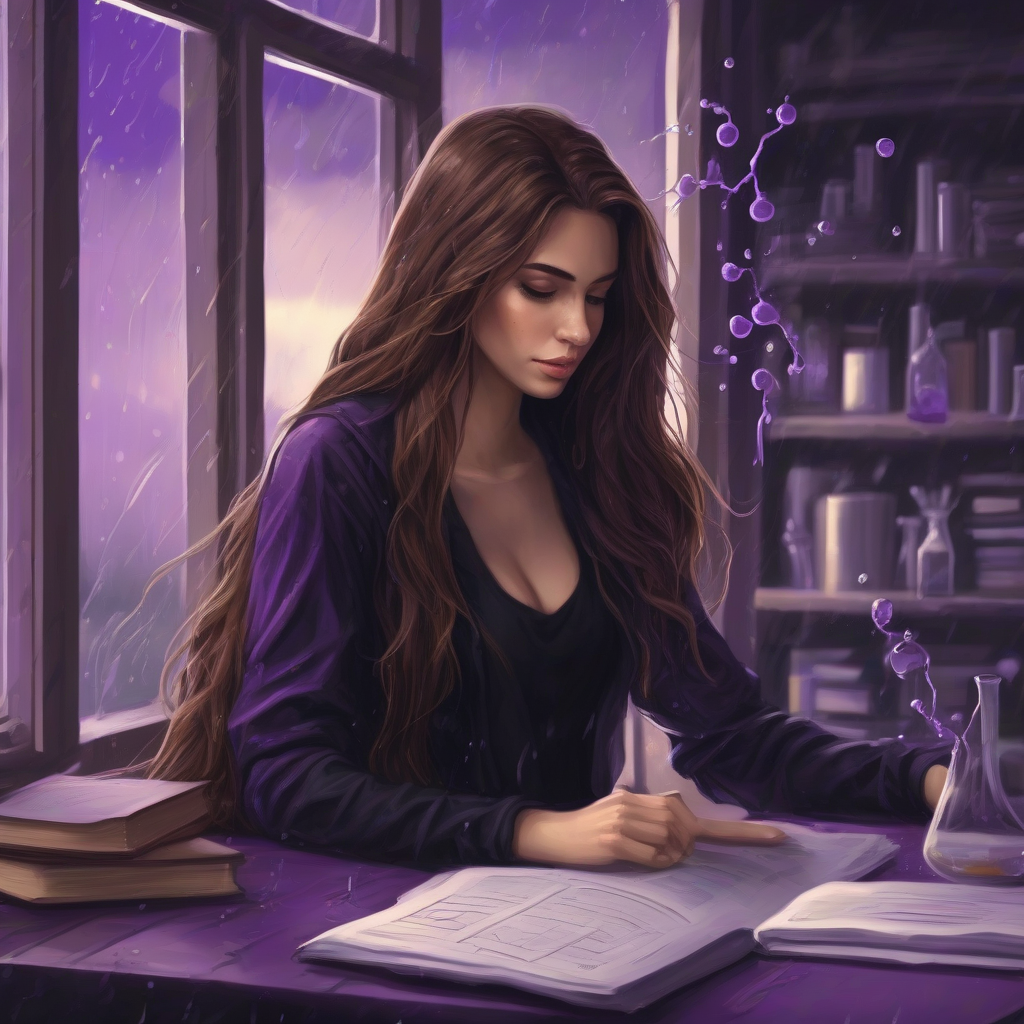 inspirational brown long hair beautiful woman black clothes studying chemistry in front of window rainy day purple by Générateur d'images par IA gratuit - Aucune connexion nécessaire✨ | AIGAZOU