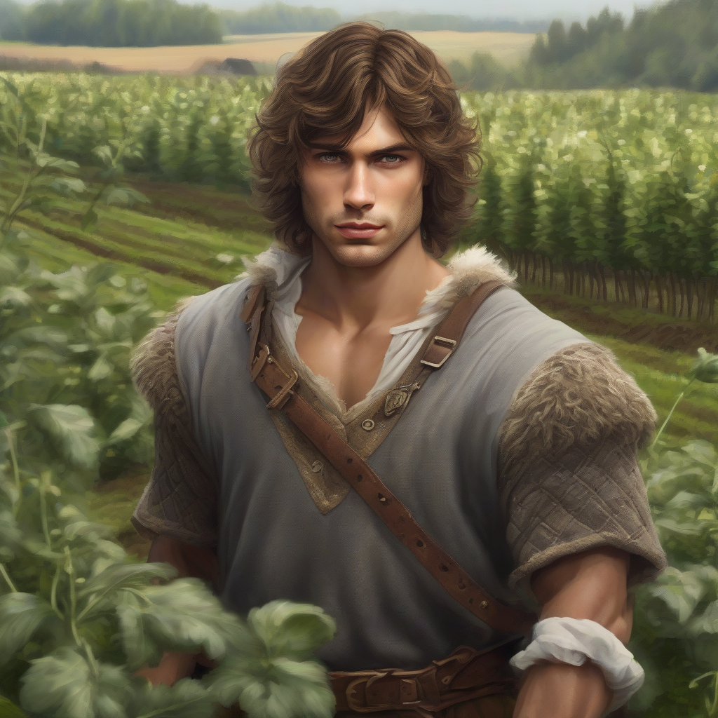 young muscular man with wavy brown hair in medieval clothing on a small potato field at the forest edge by मुफ्त एआई छवि जनरेटर - बिना लॉगिन के✨ | AIGAZOU