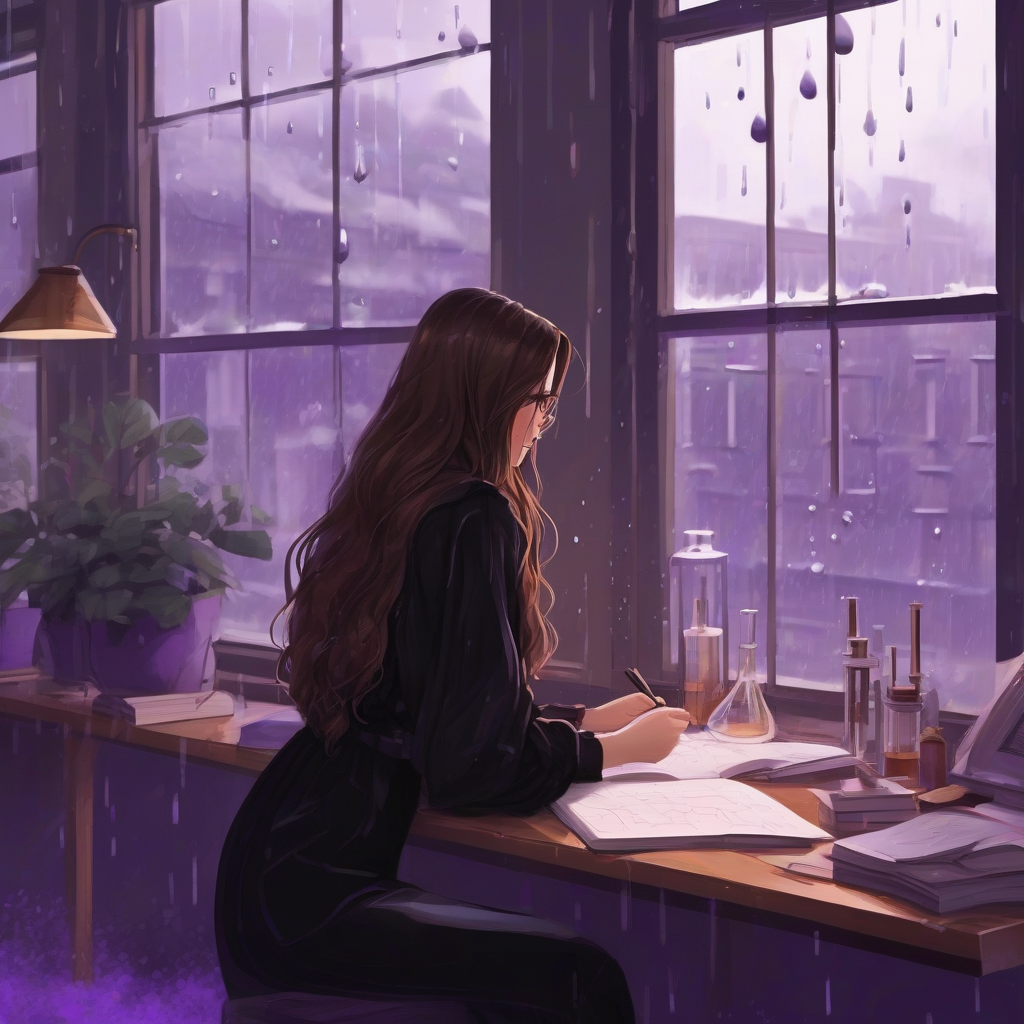 artsy aesthetic brown long hair beautiful woman black clothes studying chemistry in front of window rainy day purple by मुफ्त एआई छवि जनरेटर - बिना लॉगिन के✨ | AIGAZOU