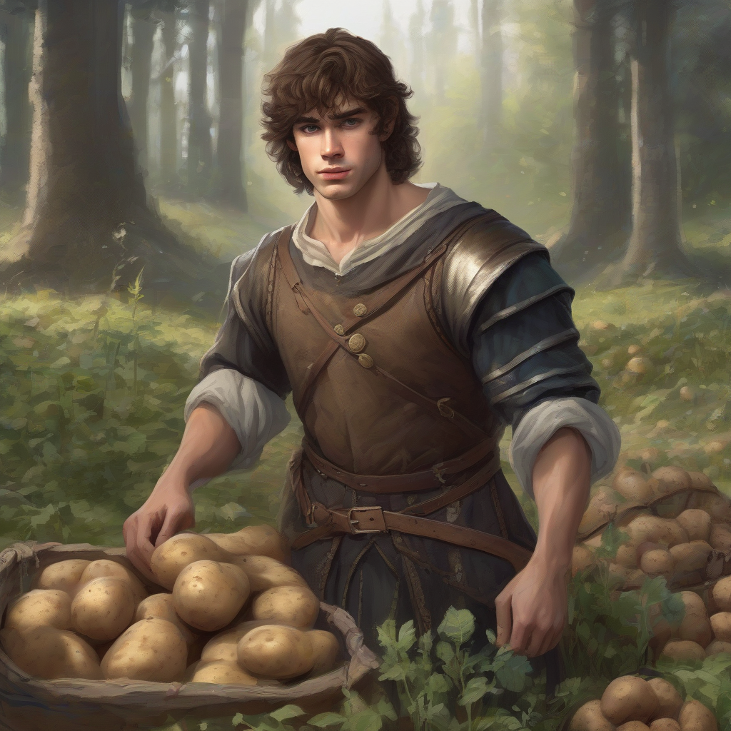 young muscular man with curly brown hair in medieval clothing on a small potato field by the forest edge by मुफ्त एआई छवि जनरेटर - बिना लॉगिन के✨ | AIGAZOU