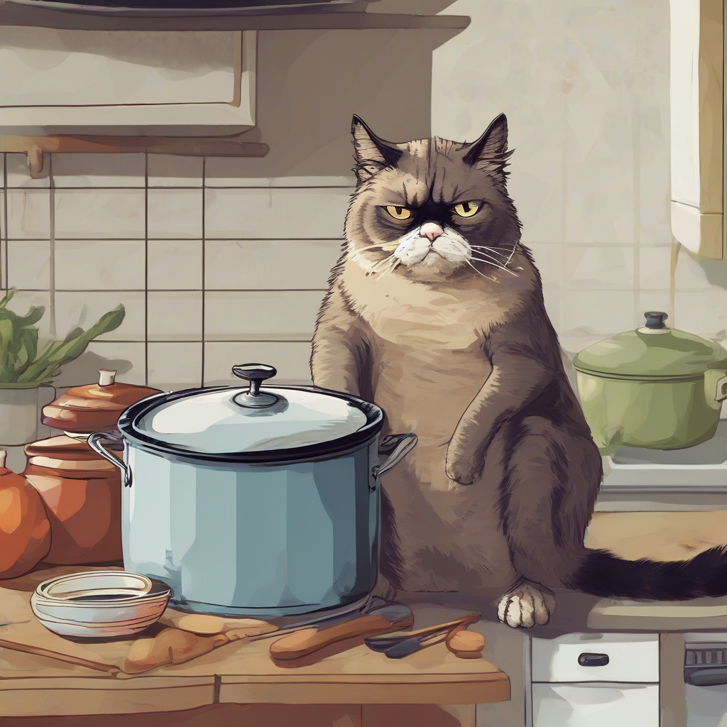 grumpy old cat sitting in kitchen in front of cooking pot by Générateur d'images par IA gratuit - Aucune connexion nécessaire✨ | AIGAZOU