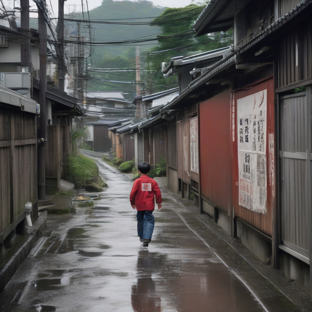 man walking railroad track rural area japanese urban alleyway old wooden metal clad buildings utility pipes faded posters wet ground by मुफ्त एआई छवि जनरेटर - बिना लॉगिन के✨ | AIGAZOU