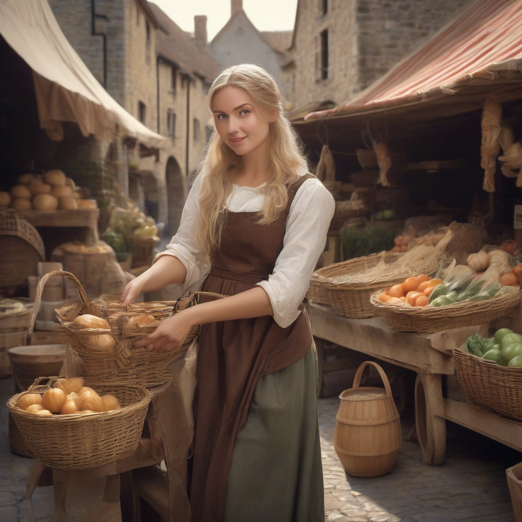 young woman with brown dress apron basket blonde hair medieval market by मुफ्त एआई छवि जनरेटर - बिना लॉगिन के✨ | AIGAZOU