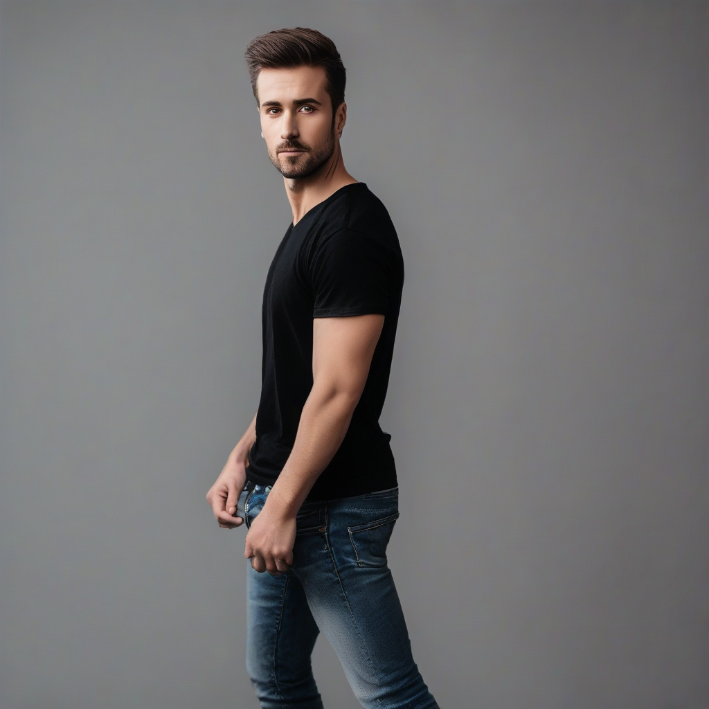 a handsome man stands firm facing the camera wearing black t shirt jeans by मुफ्त एआई छवि जनरेटर - बिना लॉगिन के✨ | AIGAZOU