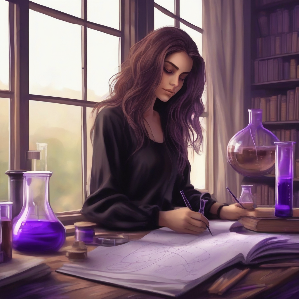 inspirational brown long hair beautiful woman black clothes studying chemistry in front of window purple by 免费AI图像生成工具 | AIGAZOU