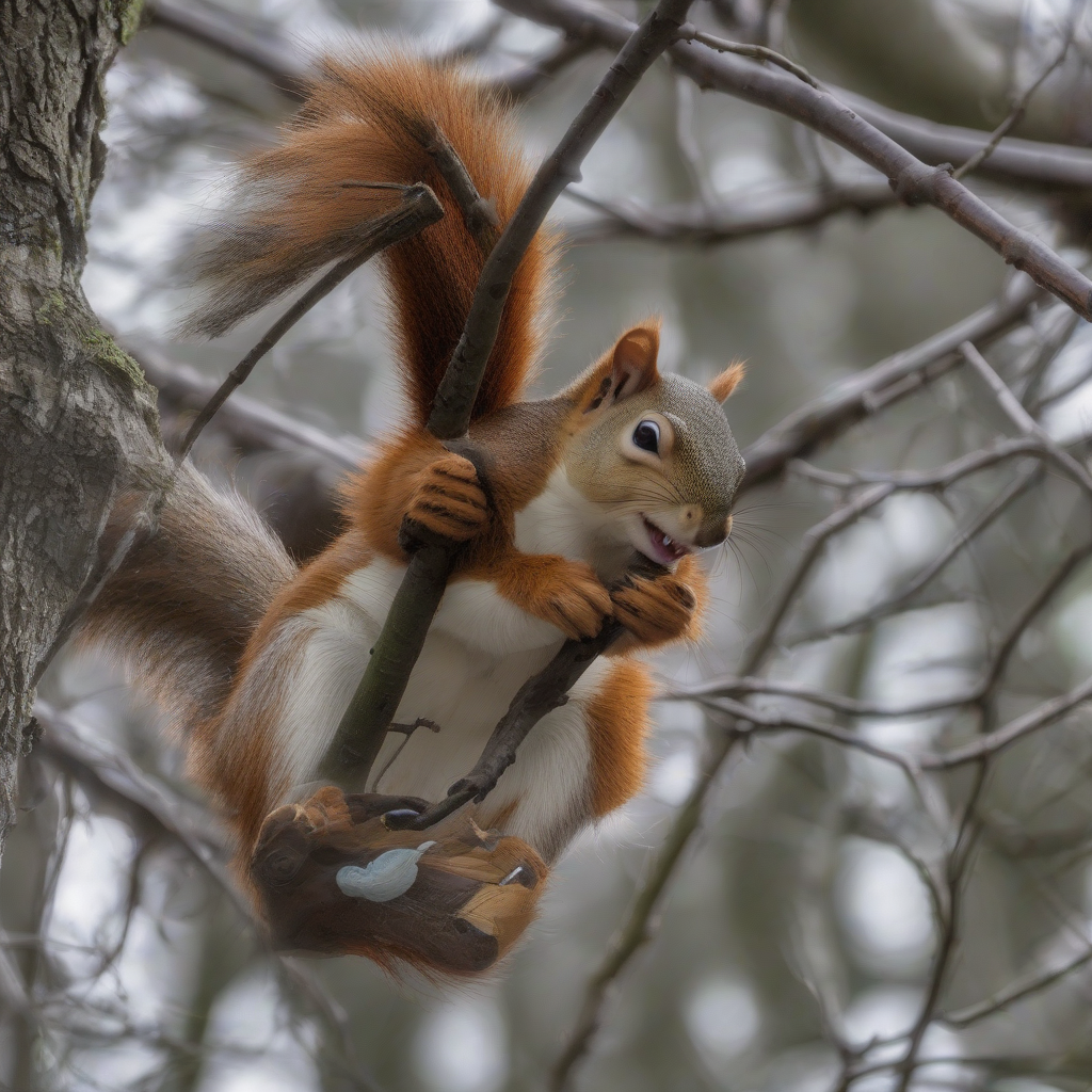 sitting on a lower branch the cheeky squirrel held a stuffed animal by मुफ्त एआई छवि जनरेटर - बिना लॉगिन के✨ | AIGAZOU