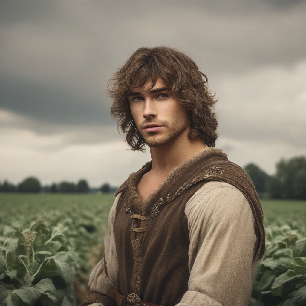 young muscular man with curly brown hair and medieval clothing on a potato field by मुफ्त एआई छवि जनरेटर - बिना लॉगिन के✨ | AIGAZOU