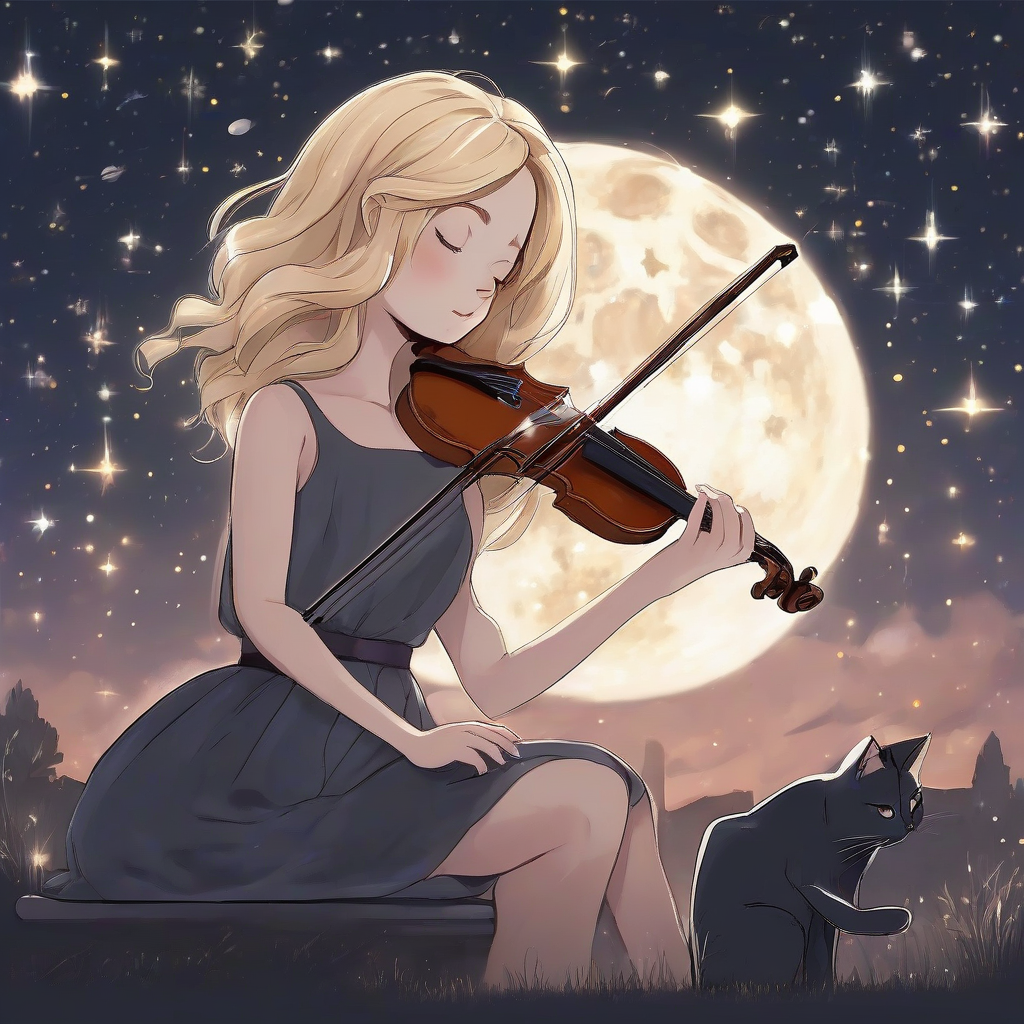 blonde girl violin starry sky black cat by मुफ्त एआई छवि जनरेटर - बिना लॉगिन के✨ | AIGAZOU