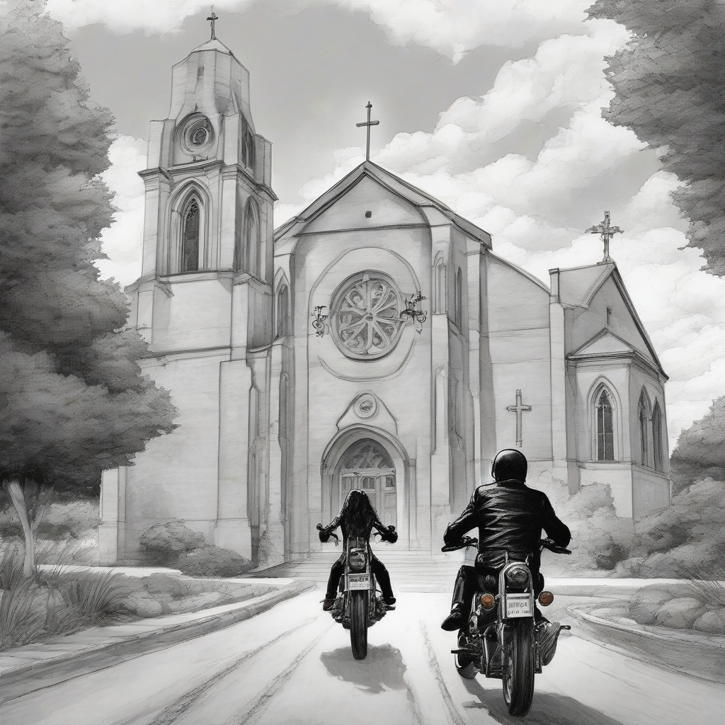 wedding couple rides motorcycle towards church drawing by मुफ्त एआई छवि जनरेटर - बिना लॉगिन के✨ | AIGAZOU