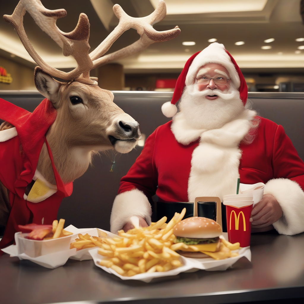 santa claus at mcdonalds with reindeer fries and burger by मुफ्त एआई छवि जनरेटर - बिना लॉगिन के✨ | AIGAZOU