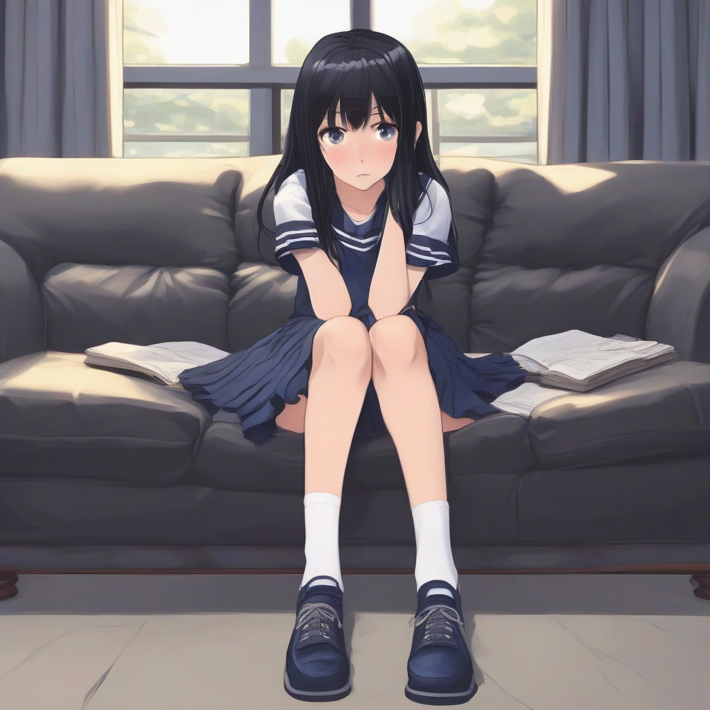 black hair middle school student navy pleated skirt sitting on sofa looking at camera teary eyes blushing face black knee by मुफ्त एआई छवि जनरेटर - बिना लॉगिन के✨ | AIGAZOU