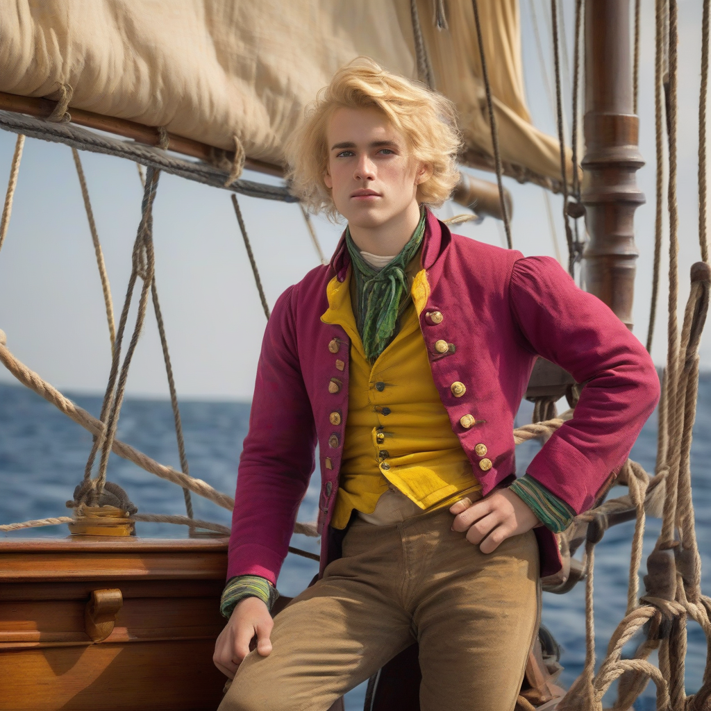 young man with blonde hair and vintage clothing on an old sailboat by मुफ्त एआई छवि जनरेटर - बिना लॉगिन के✨ | AIGAZOU