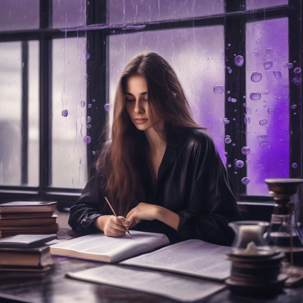 inspirational brown long hair beautiful woman black clothes studying chemistry in front of window rainy day purple by Générateur d'images par IA gratuit - Aucune connexion nécessaire✨ | AIGAZOU