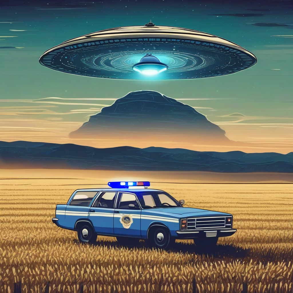 ufo over a cornfield horizon police car blue light by मुफ्त एआई छवि जनरेटर - बिना लॉगिन के✨ | AIGAZOU