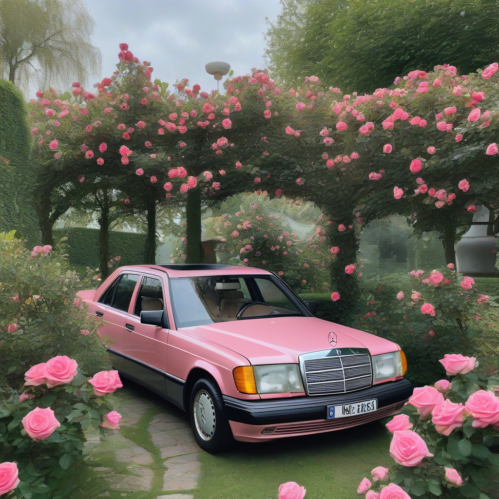 a mercedes w124 230e in a rose garden early morning in front of a pool with a nude woman swimming by मुफ्त एआई छवि जनरेटर - बिना लॉगिन के✨ | AIGAZOU