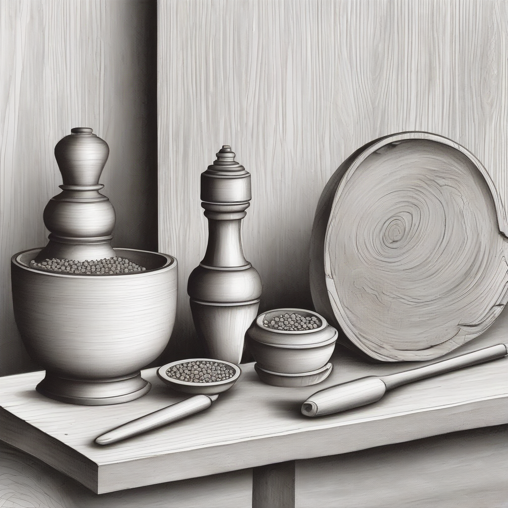 salt and pepper shakers in background wooden bowl foreground line drawing woodturning by मुफ्त एआई छवि जनरेटर - बिना लॉगिन के✨ | AIGAZOU