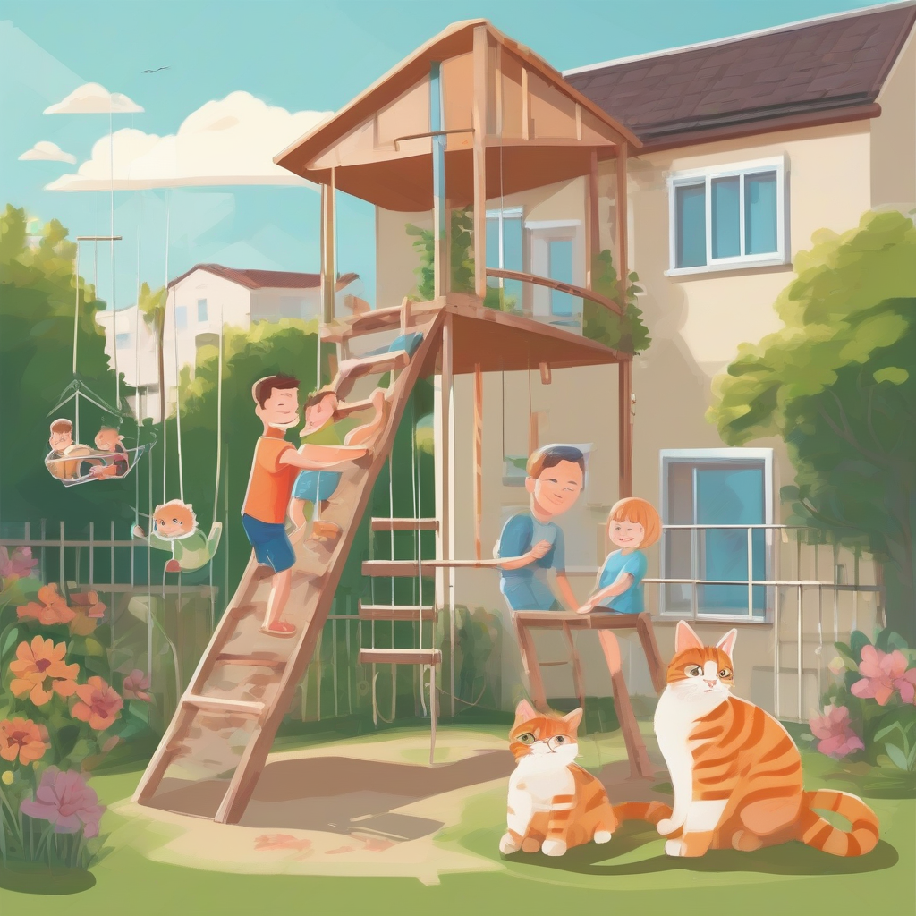 happy family playing with cat at climbing frame by house near sea by Générateur d'images par IA gratuit - Aucune connexion nécessaire✨ | AIGAZOU