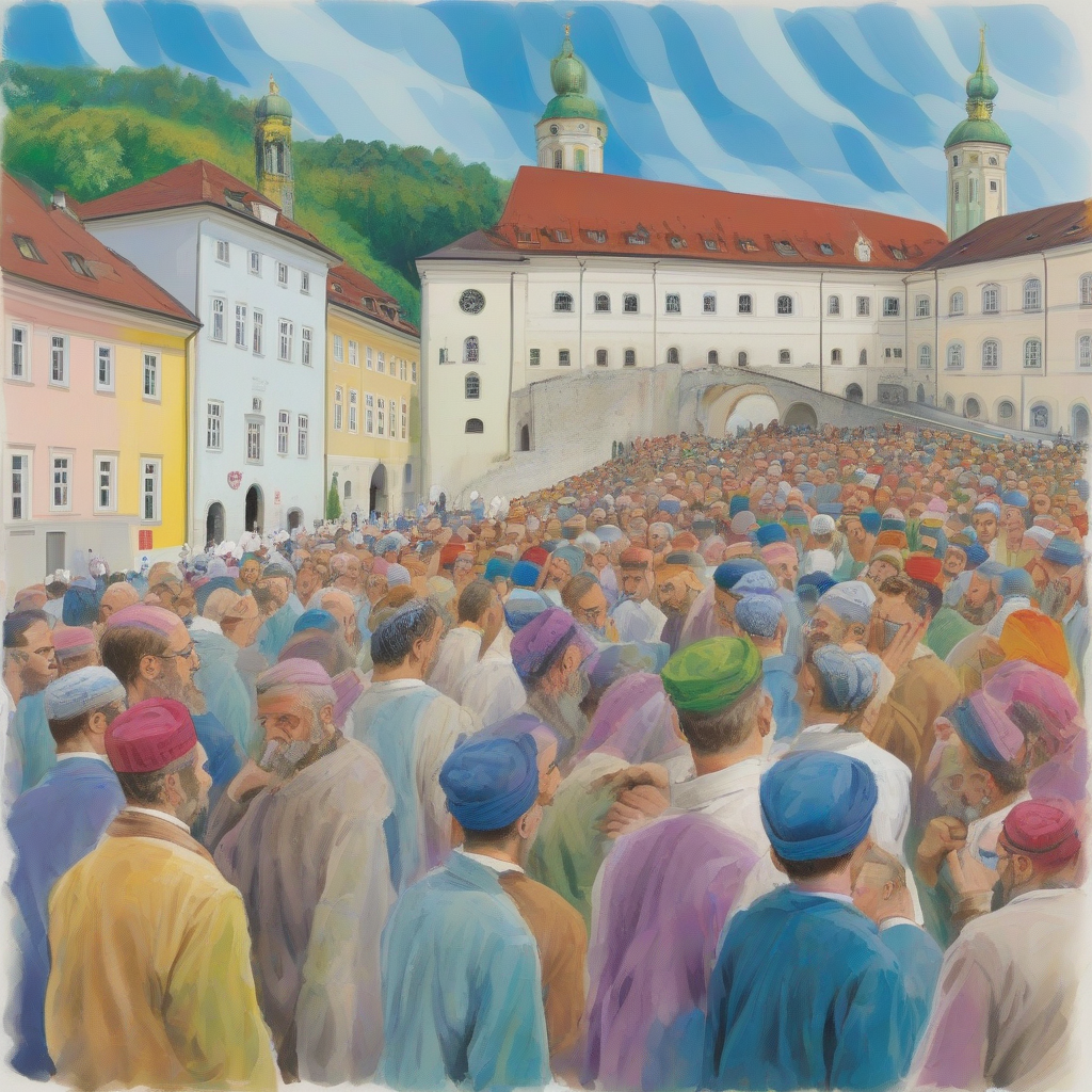 passau men church judaism islam rainbow headscarves blue checkered kippa groom scalps by मुफ्त एआई छवि जनरेटर - बिना लॉगिन के✨ | AIGAZOU