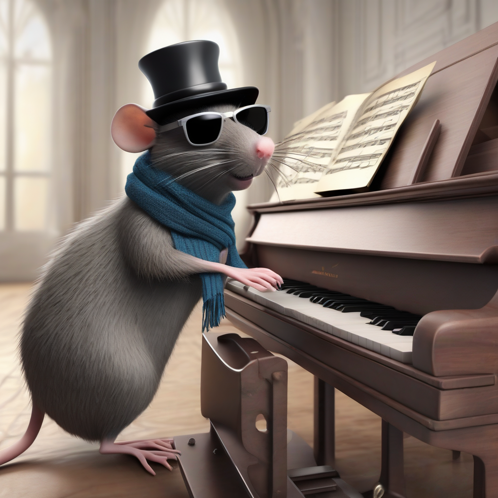 rat with dark glasses hat and scarf plays piano 3d by मुफ्त एआई छवि जनरेटर - बिना लॉगिन के✨ | AIGAZOU