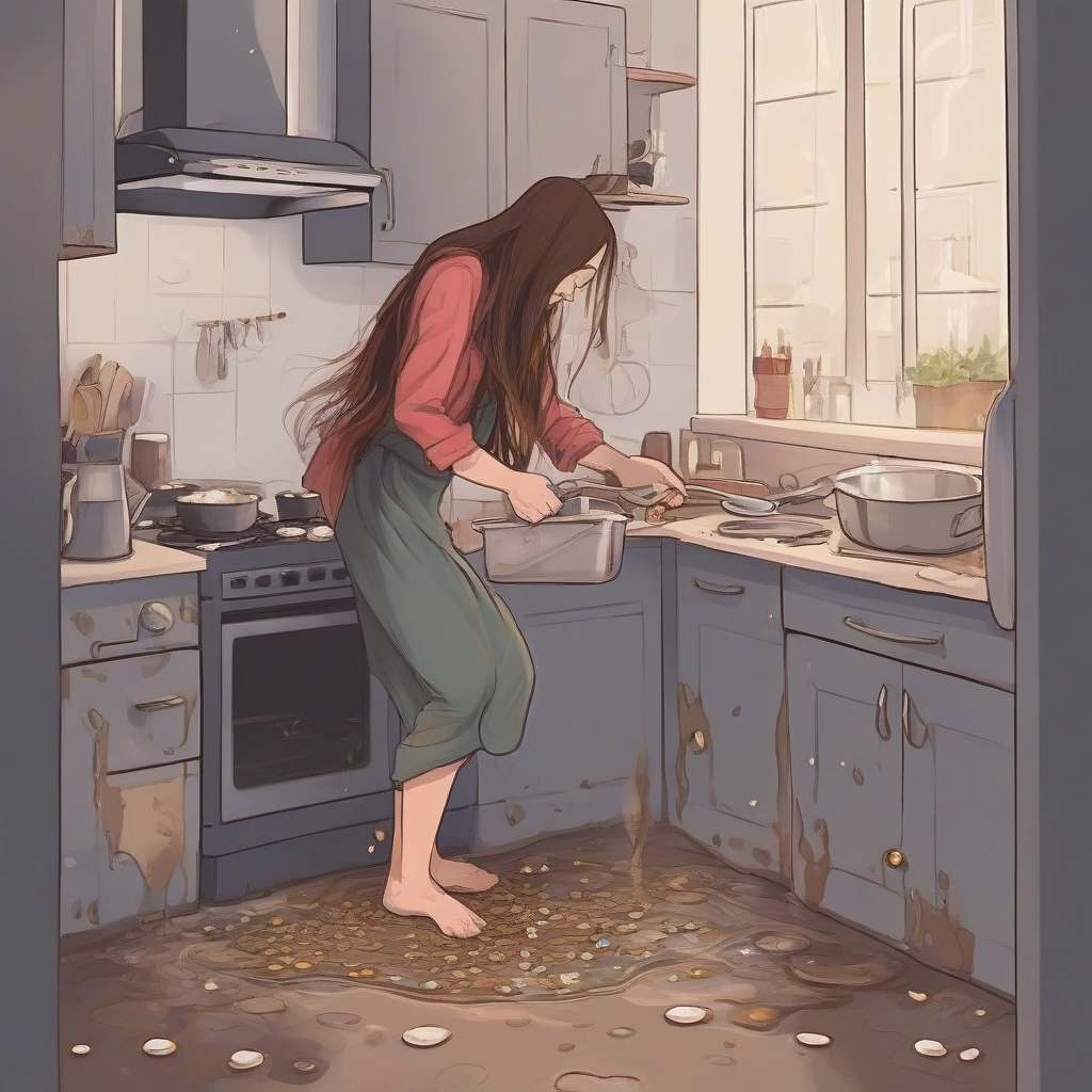 person cooks in kitchen wears jewelry long hair open small puddle on floor by मुफ्त एआई छवि जनरेटर - बिना लॉगिन के✨ | AIGAZOU