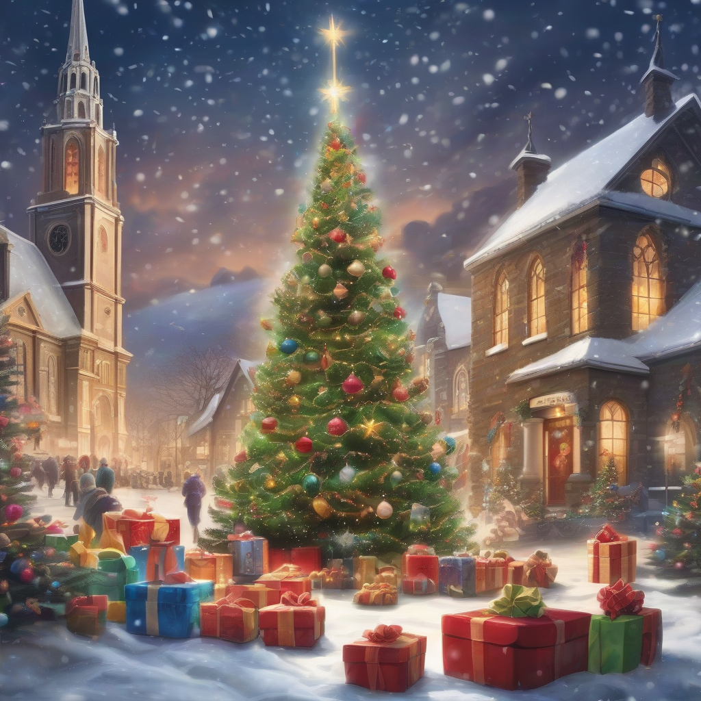 joyful christmas poster with big tree gifts church by मुफ्त एआई छवि जनरेटर - बिना लॉगिन के✨ | AIGAZOU