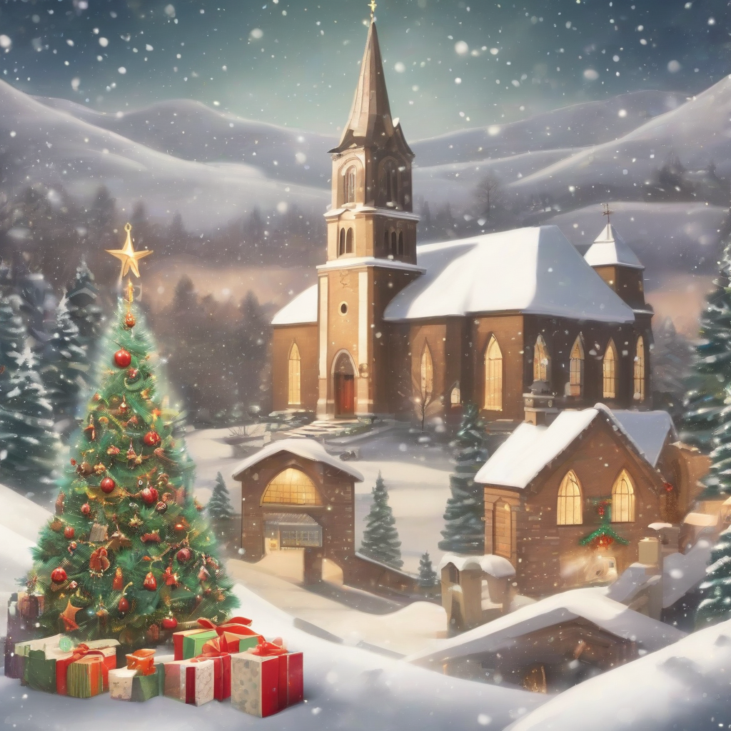 joyful christmas poster with tree gifts snow church by मुफ्त एआई छवि जनरेटर - बिना लॉगिन के✨ | AIGAZOU