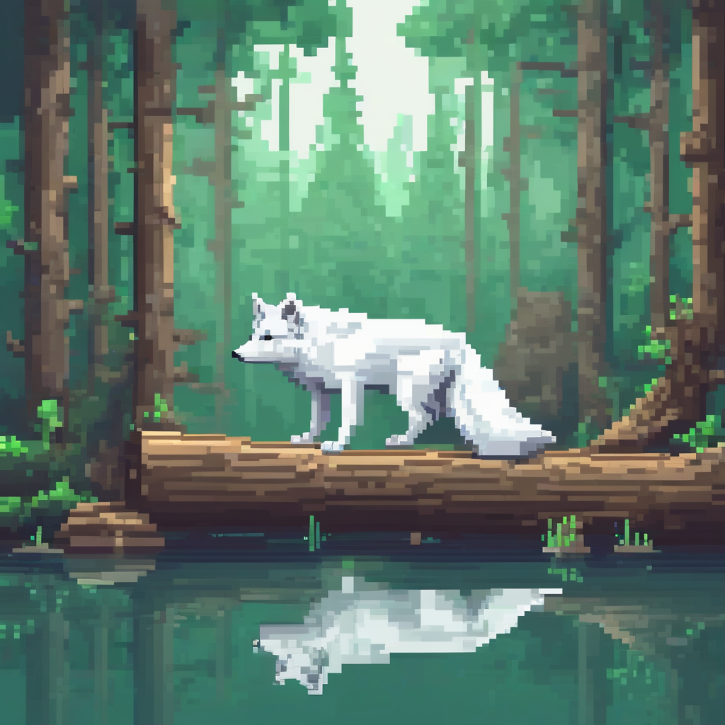 pixel art white wolf sitting on log in forest aquarium by मुफ्त एआई छवि जनरेटर - बिना लॉगिन के✨ | AIGAZOU