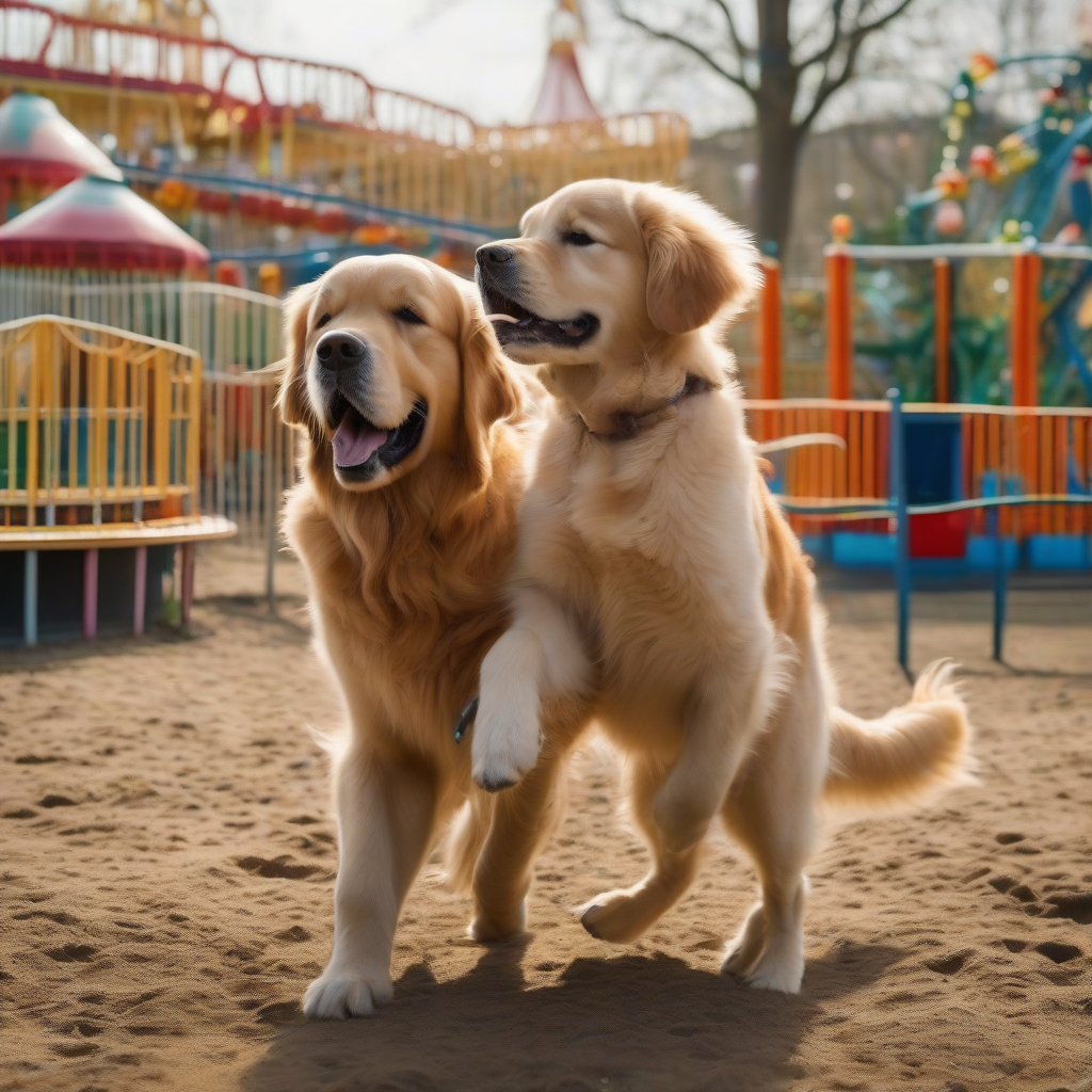 a golden retriever with a puppy at the amusement park by मुफ्त एआई छवि जनरेटर - बिना लॉगिन के✨ | AIGAZOU