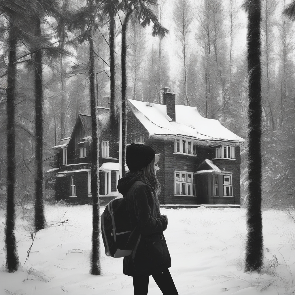 a house in the forest winter day high school girl monochrome by मुफ्त एआई छवि जनरेटर - बिना लॉगिन के✨ | AIGAZOU