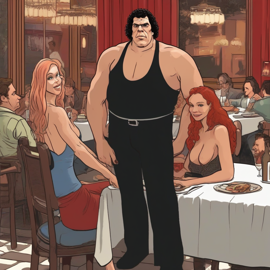 andre the giant romantic dinner with redhead curvy beauty by मुफ्त एआई छवि जनरेटर - बिना लॉगिन के✨ | AIGAZOU