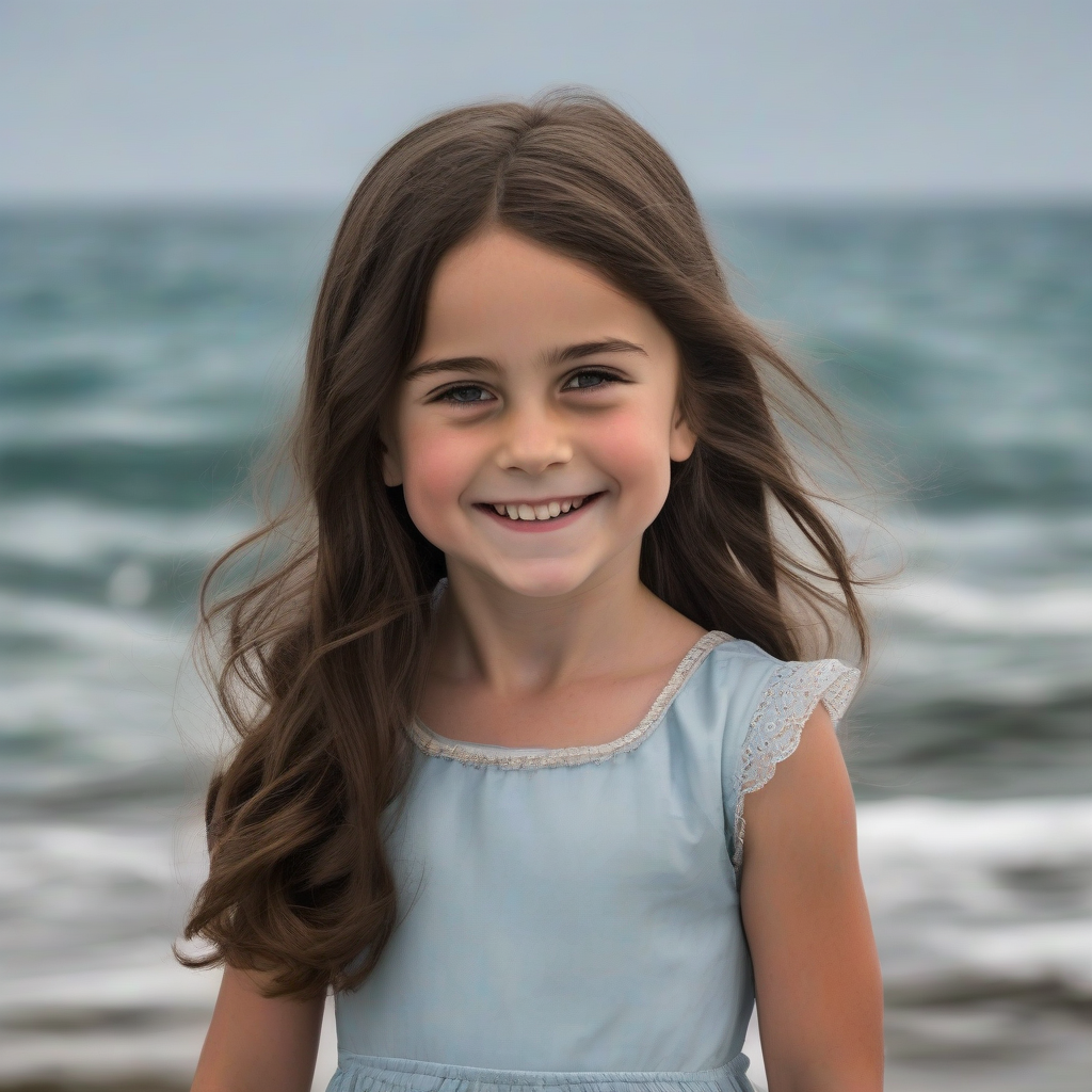 a four year old girl with dark brown hair smiling by the sea resembles kate middleton by मुफ्त एआई छवि जनरेटर - बिना लॉगिन के✨ | AIGAZOU