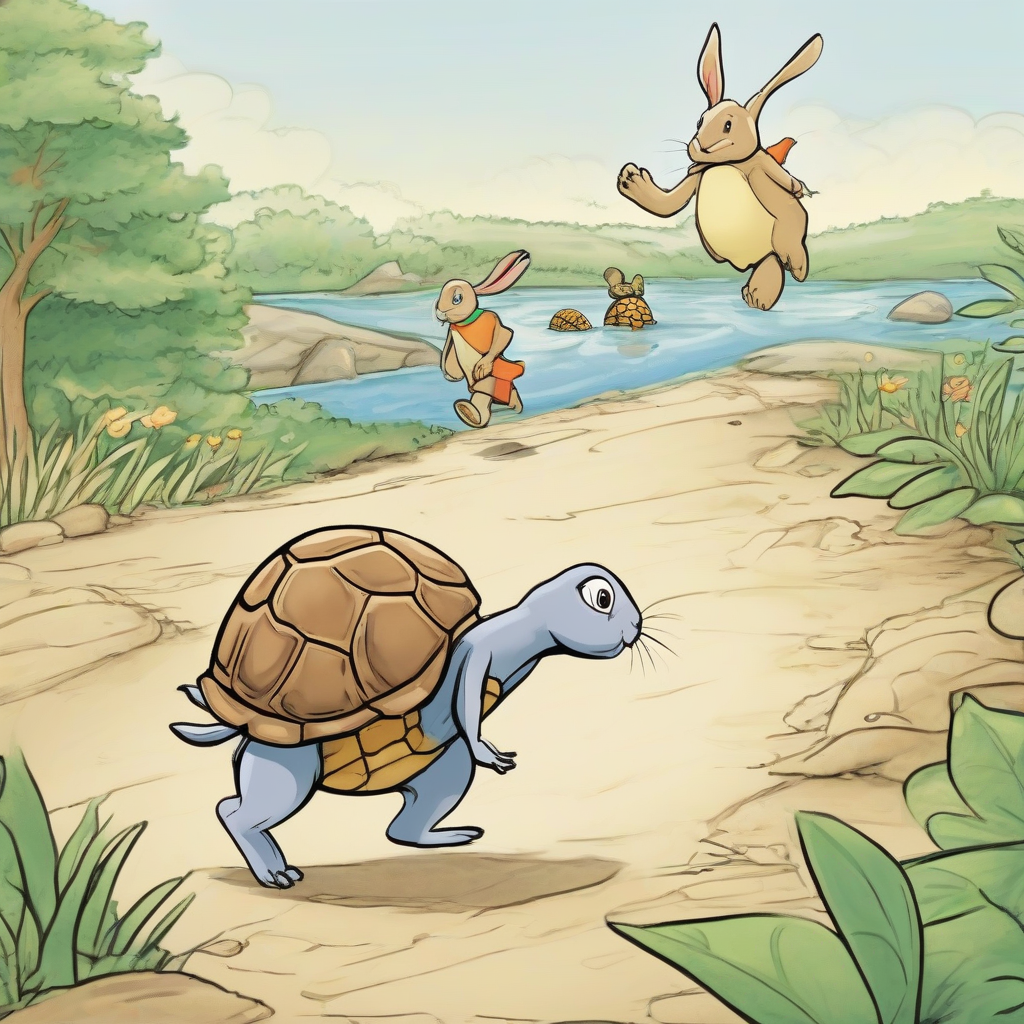 rabbit and turtle returning home after race by मुफ्त एआई छवि जनरेटर - बिना लॉगिन के✨ | AIGAZOU